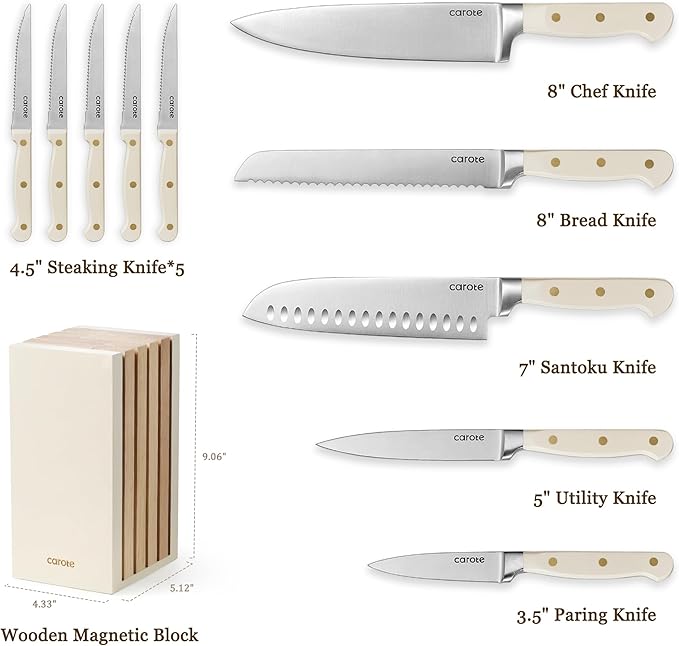 CAROTE 11-Piece Kitchen Knife Set with Magnetic Wood Block, Beige | Razor-Sharp Stainless Steel Knives, Long-Lasting Sharpness, Rust-Resistant, Triple-Riveted Ergonomic Non-Slip Handles