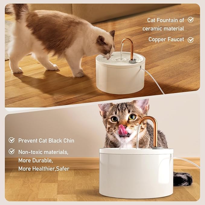 DOOOB Ceramic Cat Water Fountain, 2.1L/71oz Ceramic Cat Fountain, Automatic Ceramic Water Fountain for Cats, Pet Water Fountain with Ultra-Quiet Pump and 3 Filters & 3 Sponges (White) | Automatic Ceramic Water Fountain for Cats, Pet Water Fountain with...
