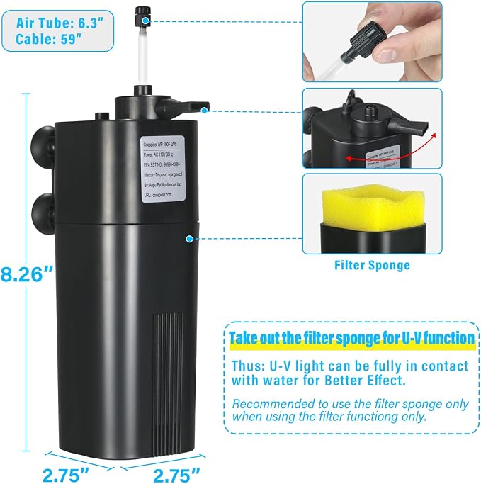 TARARIUM 10-40 Gallon U-V Aquarium Filter for Fish Turtle Tank, Swirl Turbo | Bio Sponge+U-V, Auto-Timer Bulb Lasts Longer, Clear Green Water, Quiet Internal Filter, Aeration, Saltwater Freshwater 132GPH