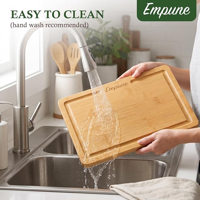 Bamboo Cutting Boards for Kitchen, 3 Piece Extra Thick Cutting Board Set with Juice Groove, Deep Carbonized Bamboo Chopping Board, Reversible Wood Cutting Board for Meat, Charcuterie & Serving