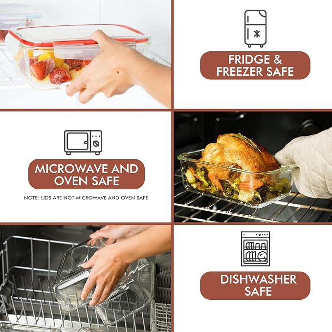 Razab 35 Pc Set Glass Food Storage Containers with Lids - Meal Prep Airtight Bento Boxes BPA-Free 100% Leak Proof (15 lids,15 glass & 5 Plastic Sauce/Dip Containers)