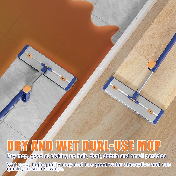16.5" Self Wringing Flat Mop with Collapsible Bucket, Wet Dry Floor Cleaner System with 55" Long Handle, Foldable Bucket & 5 Microfiber Pads for Hardwood, Tile and Wall