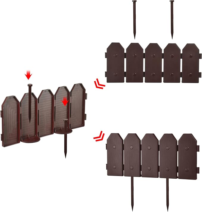 Garden Border Edging: Wooden Grain Fence Dog Ear Design - Landscaping Fence Liner Lawn Edge Barrier - Decorative Lawn Landscape Panels Elements -Landscaping Edging (Brown, 10ft.)