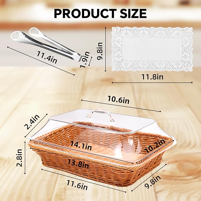 Rattan Bread Baskets, 3 Pack, rectangular Woven Baskets with Acrylic Lids, 13.8 x 9.8 inches, Stainless Steel Tongs, Lace Doilies, for Bread, Fruit, Food Display