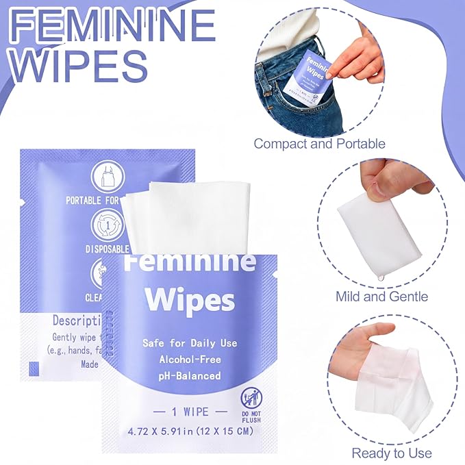 300 Pieces Bulk Feminine Wipes Individually Wrapped Travel Size Women Unscented Intimate Period Cleansing Wipes Deodorant Feminine Products Care Kits Private Parts Ph Balanced(Purple)