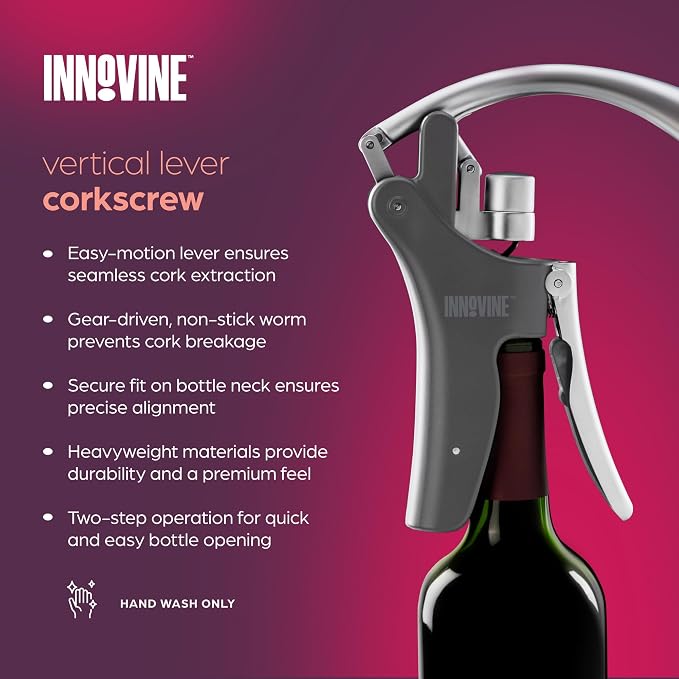 Innovine Vertical Corkscrew Wine Opener with Easy Motion Lever Handle, Heavyweight and Durable Construction for Home Bar, Kitchen, Outdoor Party, Housewarming Gifts, Travel, Set of 1, Black
