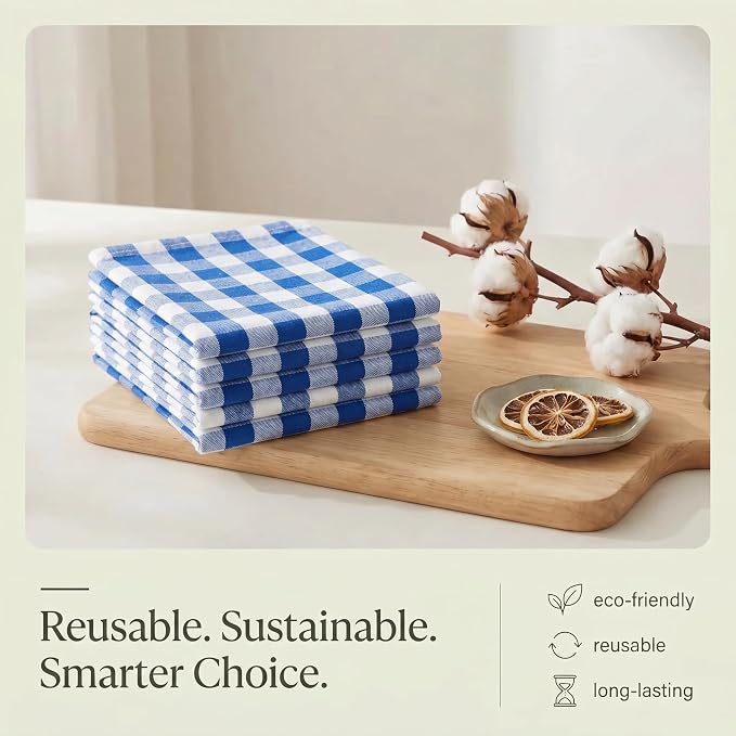 Urban Villa Kitchen Towels 100% Cotton Dish Towels for Kitchen (Set of 6) 20”x30” Dish Cloths Highly Absorbent Kitchen Linen Set with Hanging Loop Perfect for Drying Dishes Cleaning – Blue/White
