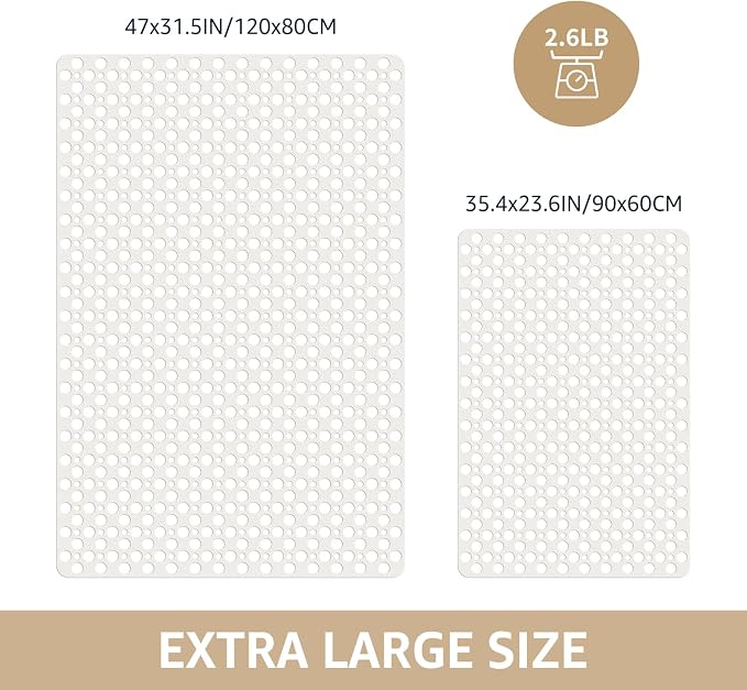OTHWAY Large Shower Mat, 35"x 24" TPE Anti Slip Shower Mat, Heavy Bath Mats for Shower with Drain Holes Suction Cups, Shower Stall Mat for Bathroom, No Odor Shower Grip Mat for Elderly (W-White)