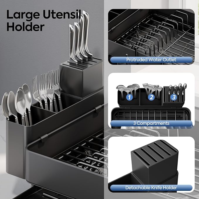 Urackify Expandable Dish Drying Rack, Stainless Steel, Large Capacity | Multifunctional Drainboard for Kitchen Countertop, Removable Cutlery Tray, Foldable Cup Holder, 20.4"L x 20"W, Black