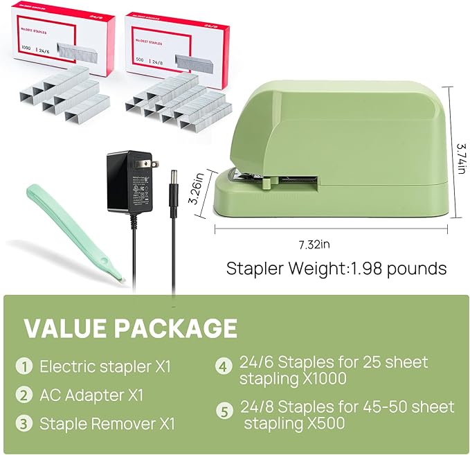 Electric Stapler for Desk Value Pack, 45 Sheet Capacity, Includes 1500 Staples & Staple Remover, No-Jam, Faster Stapling, AC Adapter Powered, Saga Green