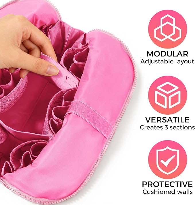 Travel Makeup Organizer Bag with Fold-Down Design and Adjustable Dividers, 27 Pockets & 3 Brush Storage Holders, Large Capacity Cosmetic Bags Toiletry Case - Pink
