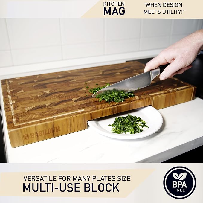 Teak Wood Cutting Board for Kitchen, End Grain Extra Thick Butcher Block | 16 x 10 Inch (ExtraThick 1.7") Professional Heavy Duty Hardwood Non Toxic Wooden Chopping Board (Oil & Plate Included)