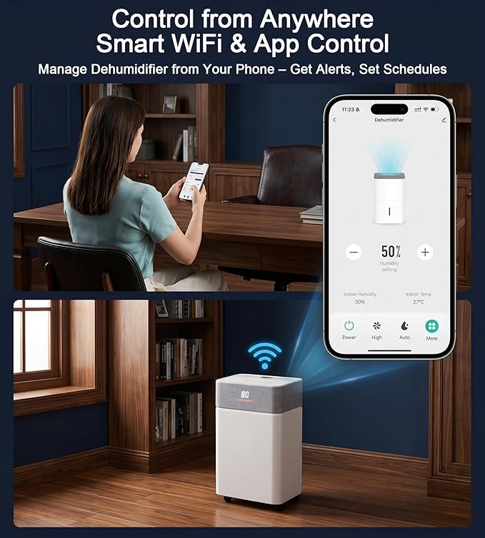 Uthfy 4000 Sq. Ft. Dehumidifier w/WiFi for Basement, Max 55 Pints/D Dehumidifiers with Drain Hose, 24-H Timer, Child Lock, Auto Defrost, Intelligent Humidity Control for Bathroom, Bedroom, Home