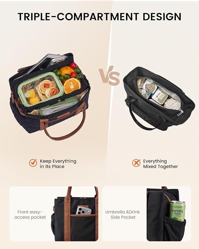 LOVEVOOK Insulated Lunch Bag Women with Triple Compartments & Bottle Holder | Reusable Lunch Box,Lunch Tote for Everyday Family Meal Prep,Leakproof Cooler Bag for Work Picnic College,11L