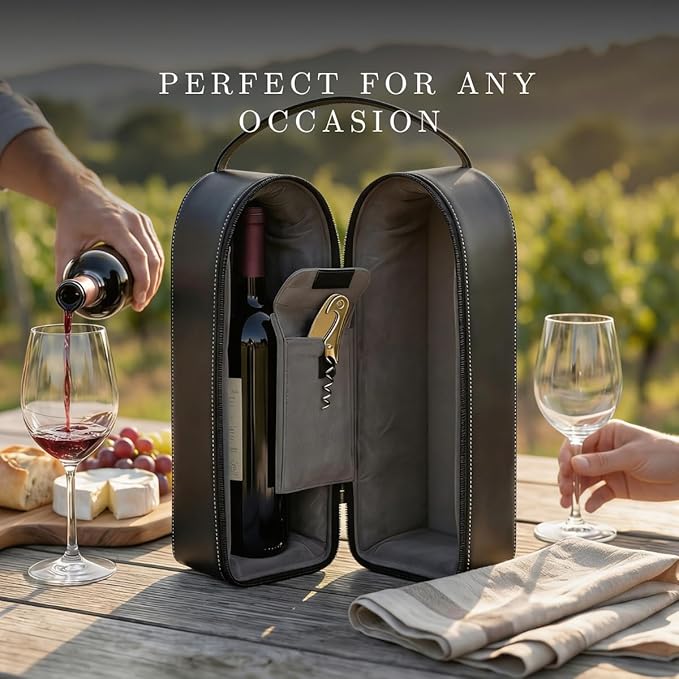 Bey-Berk Genuine Leather Two-Bottle Wine Caddy with Bar Tool (Black), Zippered Travel Case with Strap Handle for Wine Transport and Gifting