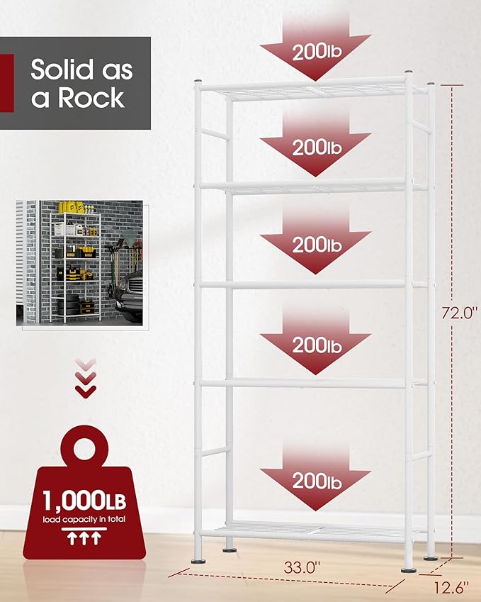 Sakugi Storage Shelves - 5 Tier Shelf Organizer, Heavy Duty Garage Shelving Unit with Leveling Feet, Stable Metal Shelves Organizer for Pantry, Kitchen and Closet, 33.0" W x 12.6" D x 72.0" H, White