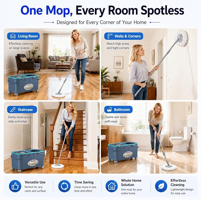 Mop and Bucket Set with Clean & Dirty Water Separation, Spin Mop with 360° Wheels & Drain, 6 Microfiber Heads,Adjustable Handle for Pet Owners, Kitchen, Bathroom, Hardwood & Tile Floors