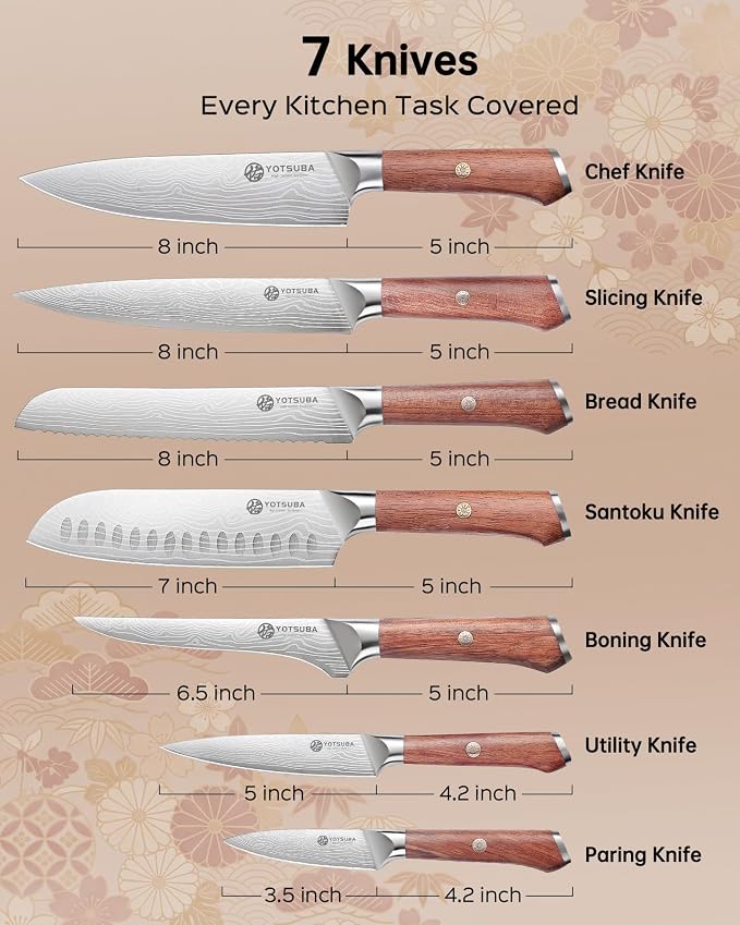 YOTSUBA 7PCS Japanese Kitchen Knife Set with Genuine Natural Rosewood Ergonomic Handle & Gift Box, Professional Ultra Sharp High Carbon Stainless Steel Knives for Cooking