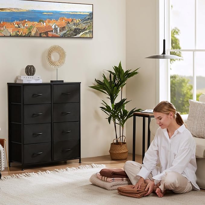 OLIXIS 8 Drawer Dresser for Bedroom, Wide Fabric Storage Tower with Wooden Top and Metal Frame, Closet Chest Organizer Furniture, Living Room Hallway, Black