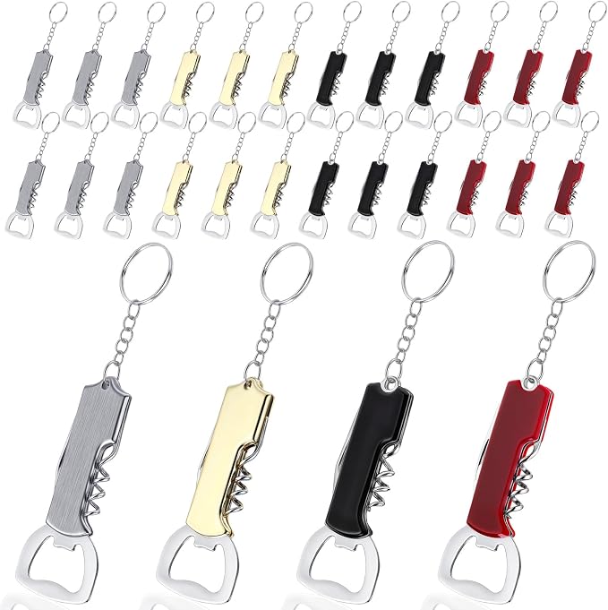 Ziliny 24 Pcs Bottle Opener Keychain Bulk Wine Bottle Beer Opener Keychain 3.27" Stainless Steel Corkscrew Waiter Corkscrew Wine Keyring Gifts for Christmas Bar Party Wedding Home (Mix Color)