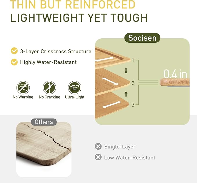 Lightweight Durable Bamboo Cutting Board with Non-Slip Feet, Reversible Wood Cutting Board with Juice Groove Easy to Store & Clean, Water-Resistant Ideal Kitchen Gift for Home Cooks