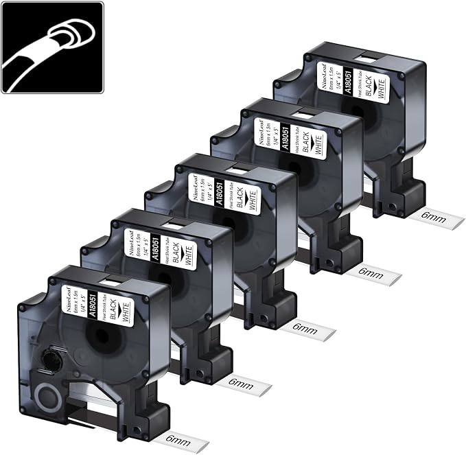 Nineleaf 5 Pack Compatible for DYMO 18051 Rhino Heat Shrink Tube Industry Label Tape 6mm 1/4" x 5ft Black on White Wire Tapes for Industrial Rhino Pro 3000 4200 5000 5200 6000 3M Label Maker