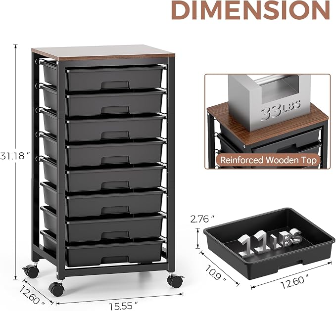 SYKIARIOL Rolling Storage Cart with Drawers,Utility Cart With 8 Drawers and Wooden Tabletop,Rolling Drawer Cart,Storage Drawer Cart for Living Room,Classroom,Bedroom,Bathroom,Dorm,Office, Black