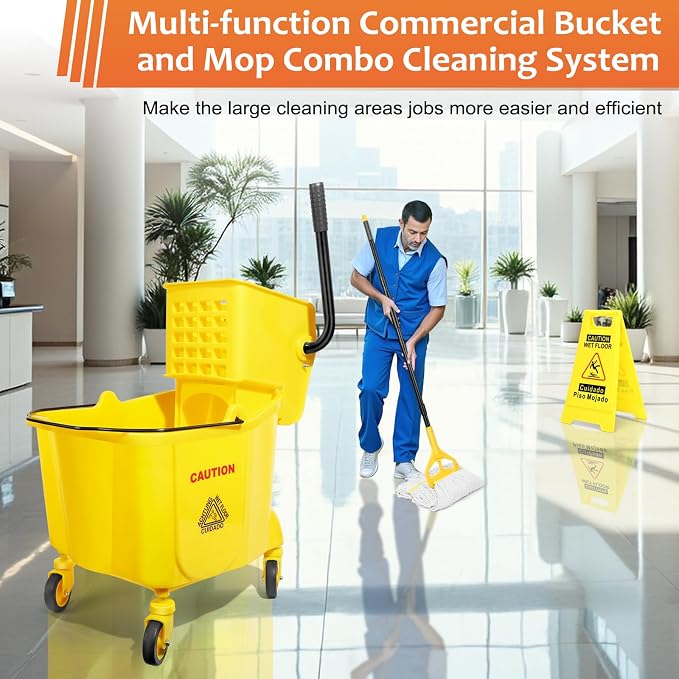 38 Qt Commercial Bucket with Side Press Wringer on Wheels, Yellow Industrial Set for Floor Cleaning, Including 1 Industrial Mop and Wet Floor Caution Sign, Beyoco