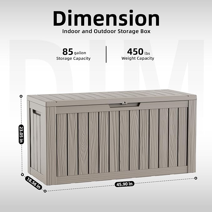 DRATO 85 Gallon Outdoor Storage Box Waterproof, Lockable Resin Deck Box for Patio Furniture, Pool Supplies & Garden Tools, Weatherproof Outside Storage Bin for Backyard Porch (Grey, 85 Gallon)