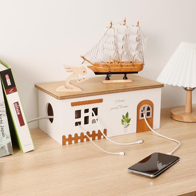 Cable Management Box, Wood Extension Cord Organizer, Handmade Power Strip Box for TV Computer Wire USB Hub System, Surge Protector Cord Hider Box on Desk or Floor (Large)