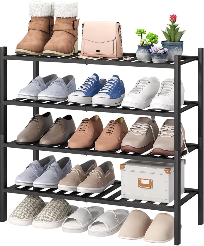 viewcare 4-Tier Black Bamboo Shoe Rack for Entryway, Stackable | Foldable | Natural, Shoe Organizer for Hallway Closet, Free Standing Shoe Racks for Indoor Outdoor