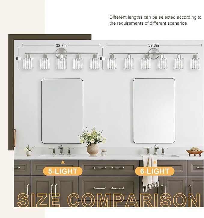 Crystal Bathroom Light Fixtures,Bathroom Lighting Fixtures Over Mirror, Modern 6-Light Brushed Nickel Vanity Lights for Mirror, Restroom,Kitchen(Ceramic E26 Socket,Bulbs Not Include)
