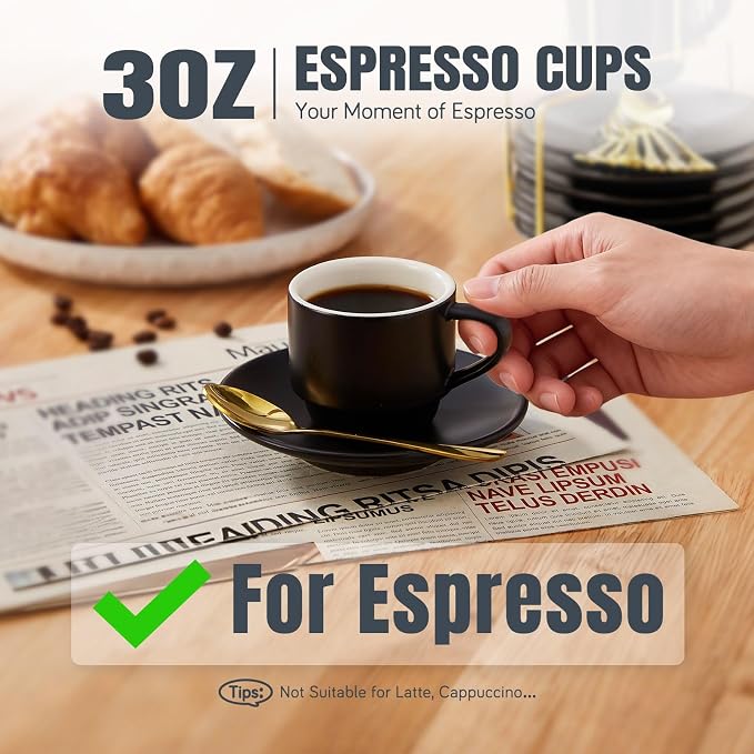 Lareina Porcelain 3-Ounce Espresso Cups Set of 6, Small Stackable Coffee Cups with Saucers, Spoons and Metal Stand - Ceramic Demitasse Mugs, Double Shots Expresso Cup, Matte Black