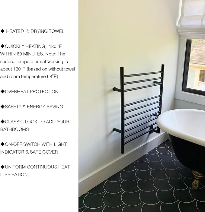 HEATGENE Towel Warmer Wall-Mounted Hardwired Heated Towel Rack Matte Black