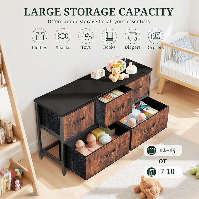 5-Drawer Dresser for Bedroom, Anti-Tip Wide Storage Organizer Fabric Chest of Drawers TV Stand for 45" TV with Wooden Top and Metal Frame for Closet, Living Room, Hallway, Entryway, Brown