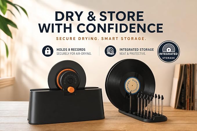 HumminGuru EZ Record Washer, Manual Vinyl Record Cleaner Machine with Easy Spin & Watertight Label Clamp, Record Cleaning Kit with Gentle Goat-Hair Brushes, Alcohol-Free LP Fluid, Drying Rack & Cloth