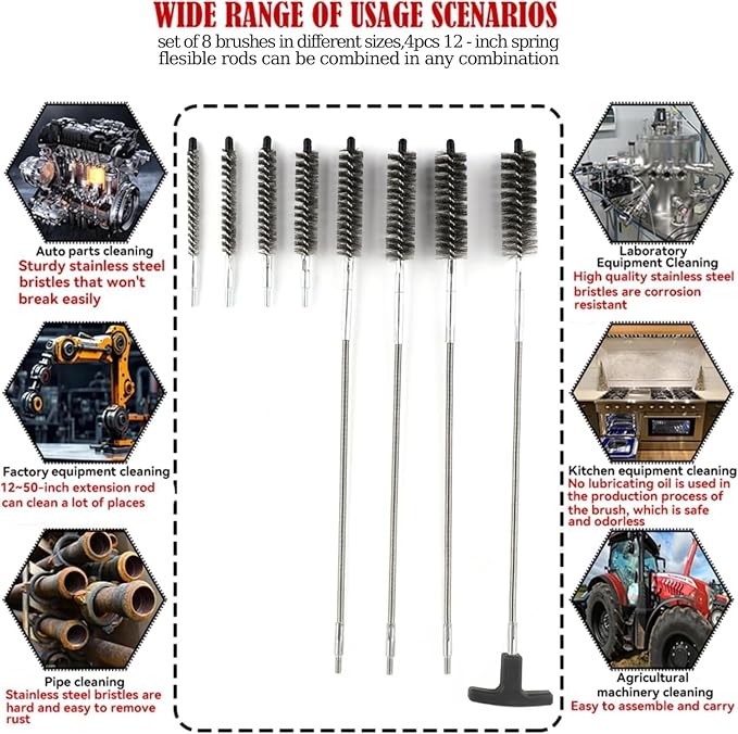 50 in Pipe Cleaning Brush Set with Stainless Steel Bristles, Wire Brush with 4pcs Stainless Steel Spring Flexible Rods, Stainless Steel Pipe Brush 8pcs for Auto Parts, Bottles, Tubes.