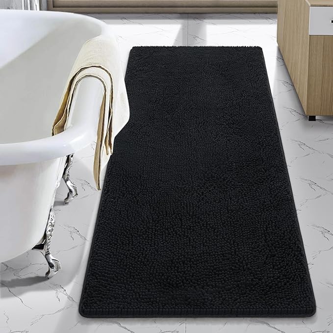 LOCHAS Luxury Bathroom Rug Shaggy Bath Mat 24 x 54 Inch, Black | Washable Non Slip Bath Rugs for Bathroom Shower, Soft Plush Chenille Absorbent Carpets