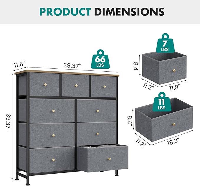 OLIXIS 9 Drawer Storage Dresser with Wood Top - Wide Fabric Chest Organizer for Bedroom, Closet, Living Room,Tower Cabinet, TV Stand, Hallway Entryway Furniture,Gray Blue