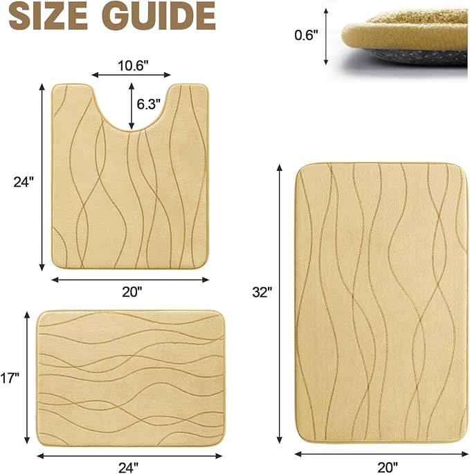 YIHOUSE Bathroom Rugs Set 3 Piece, Memory Foam Bath Mat Beige | Ultra Soft, Absorbent, Non-Slip, Machine Washable, for Bathroom, Sink and Toilet