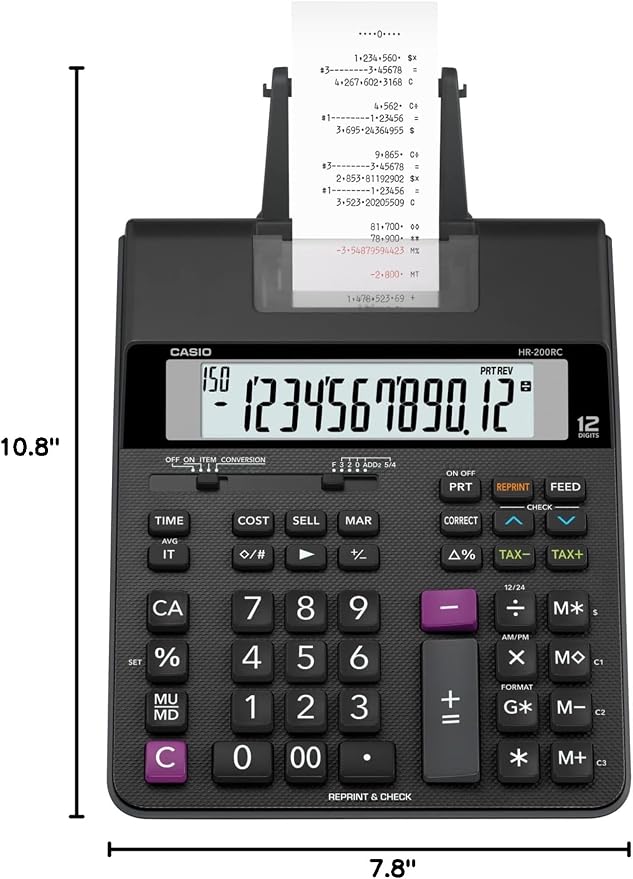 Casio HR-200RC – Desktop Printing Calculator with Dual-Color Print & 150-Step Check | Cost/Sell/Margin, Tax & Calendar | New Version of HR-150TM | Ideal for Accounting & Retail