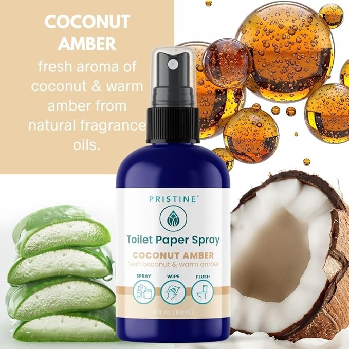 PRISTINE Toilet Paper Spray, As Seen on Shark Tank, Flushable Wipe Alternative, Personal Cleansing Bathroom Spray for Regular Toilet Tissue, Bidet Alternative, Made in USA, Coco Amber, 4oz Bottle
