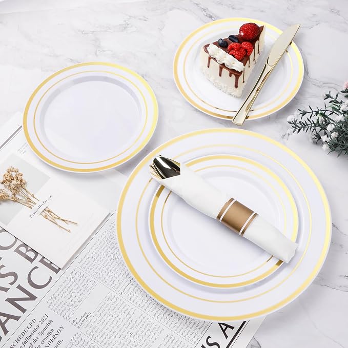 BESTVIP 525PCS Gold Plastic Dinnerware Set for 75 Guests, Disposable Plates for Party, Include: 150 Plastic Plates, 75 Pre Rolled Napkins with Gold Silverware, 75 Cups for Christmas, Halloween