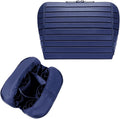 Travel Makeup Organizer Bag with Fold-Down Design and Adjustable Dividers, 27 Pockets & 3 Brush Storage Holders, Large Capacity Cosmetic Bags Toiletry Case - Navy Blue