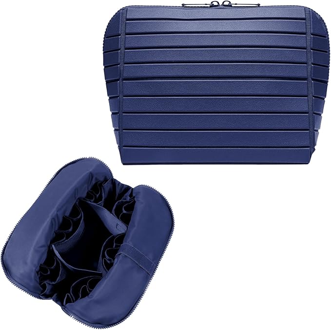 Travel Makeup Organizer Bag with Fold-Down Design and Adjustable Dividers, 27 Pockets & 3 Brush Storage Holders, Large Capacity Cosmetic Bags Toiletry Case - Navy Blue