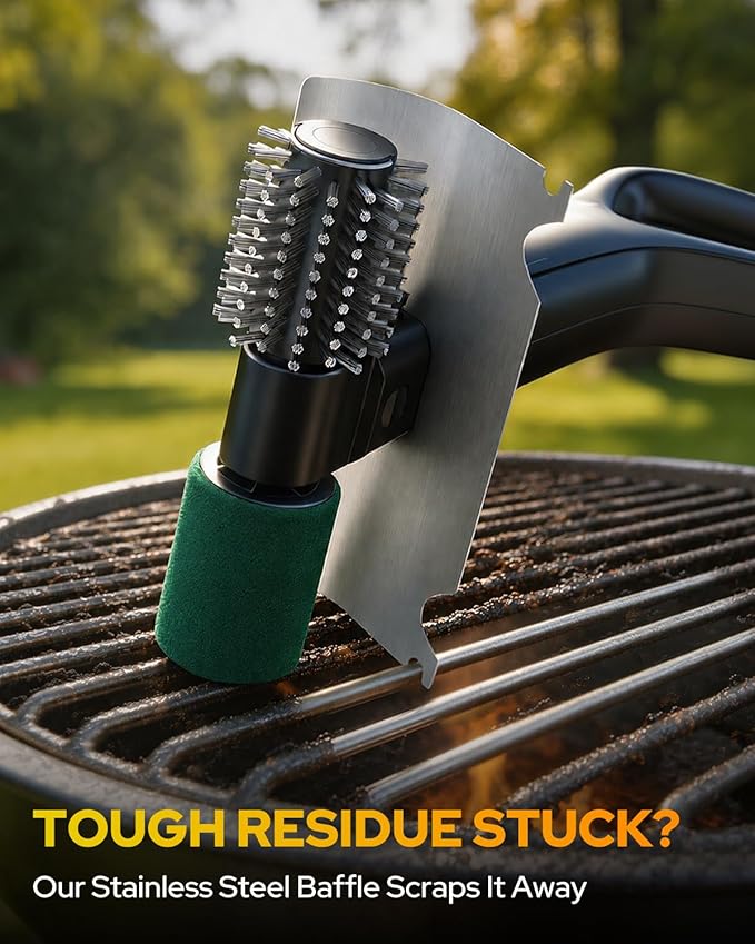 2026 Electric Grill Brush with 2 Brush Heads, 800RPM 25kgf High Torque BBQ Cleaner, 3500mAh Battery, 180 Mins Long Runtime, Extended Handle, Works as Grill Scraper for Tough Grease