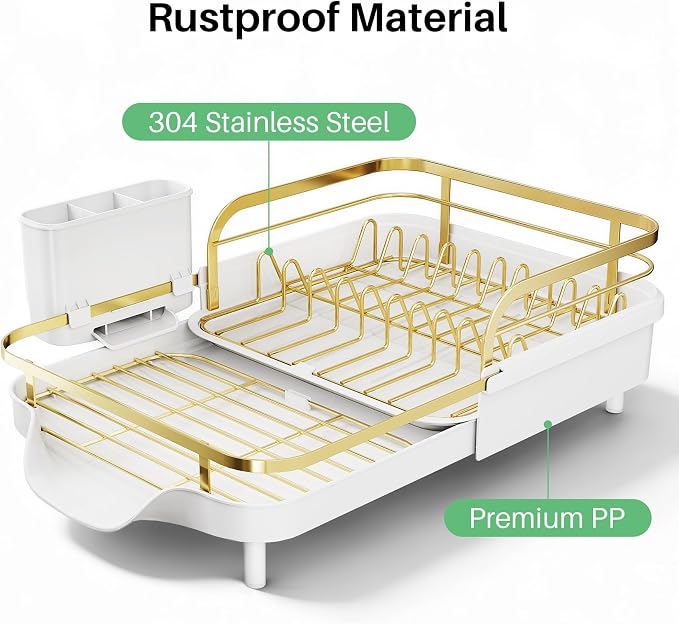 SNTD Dish Drying Rack, Expandable Dish Rack for Kitchen Counter, Stainless Steel Dish Drainer with Drainboard Set and Utensil Holder (Gold)