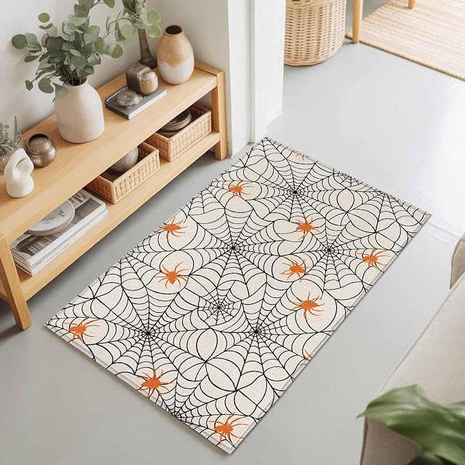 Entryway Area Rug 2'x3', Halloween Washable Small Area Rugs for Kitchen Bathroom Bedroom Office Laundry, Black Net Classic Spiders Gingham Orange Rustic Door Mat Indoor Entrance Floor Throw Carpet