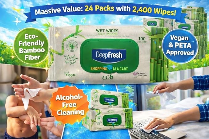 Shopping Ala Cart DeepFresh All-Purpose Surface Cleaning Wipes — 12-Pack Case (1,200 Total Wipes) — Bamboo Fiber, Durable & Lint-Free, Bleach-Free, Pop-Top Lid, Vegan