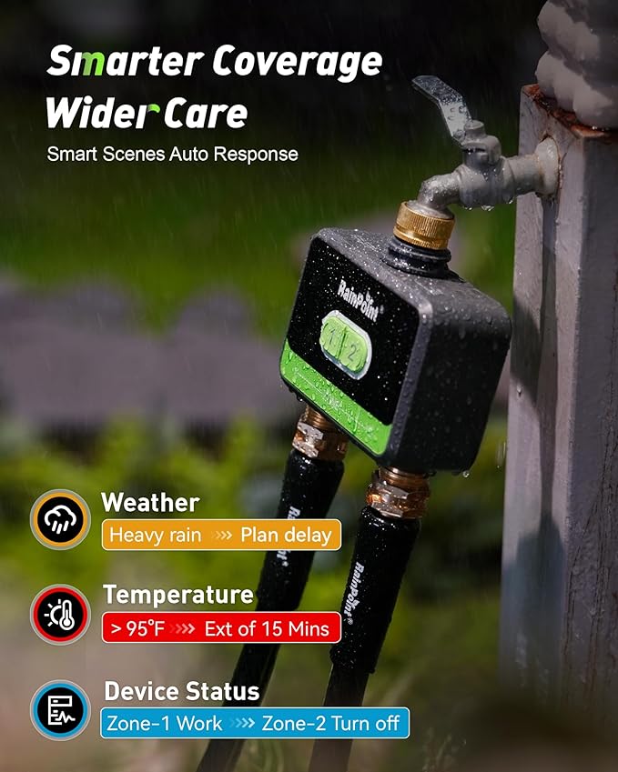 RainPoint WiFi Water Timer for Garden Hose with Brass Inlet & Outlet, 2-Zone Smart Hose Timer, WiFi Irrigation Controller via APP/Voice Control, Automatic Sprinkler Watering System for Lawns and Yard
